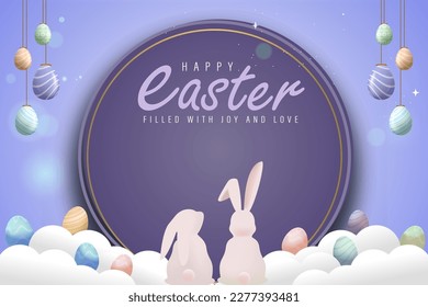 3D Realistic Easter Poster Design with Colorful Eggs and Rabbit Vector Illustration