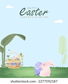 3D Realistic Easter Poster Design with Colorful Eggs and Rabbit Vector Illustration