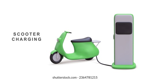 3d realistic Electric scooter on charging station. Home charger station, battery charging. Vector illustration.