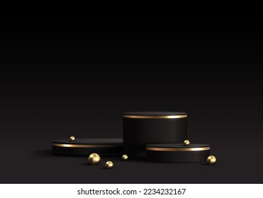 3D realistic elegant black and gold cylinder podium decoration golden ball on dark scene background luxury minimal style. Product display for cosmetic, showroom, showcase, presentation, etc. Vector