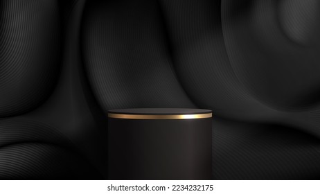 3D realistic elegant black and gold cylinder podium on dark fabric wrinkles scene background luxury style. Product display for cosmetic, showroom, showcase, presentation, etc. Vector illustration