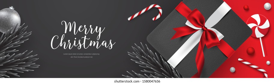3d realistic elegant black and red Christmas banner, gift box, candy cane, lollipop horizontal background vector template