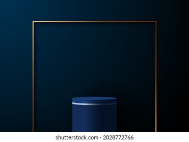 3D realistic elegant blue cylinder with gold square frame on dark blue background. you can use for product display showcase or place for presentation. Vector illustration