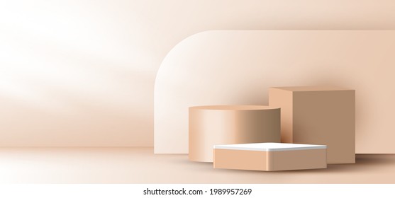 Cilindro geométrico 3D realista y elegante de color marrón, cubo sobre capas redondeadas sobre fondo beige con iluminación. Se puede utilizar para mostrar productos cosméticos, mostrador de romance escénico en la sala peatonal de estudio