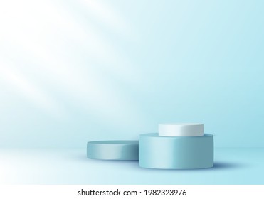 3D realista y elegante pantalla de podio peatonal de cilindros azul y blanco sobre el suave color azul del fondo del estudio con luz. Se puede utilizar para mostrar productos cosméticos, escaparate escénico. Ilustración del vector