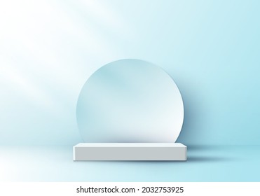 3D realistic elegant display white pedestal podium with circle backdrop on soft blue color studio room background with light. You can use for show cosmetic products, stage showcase. Vector