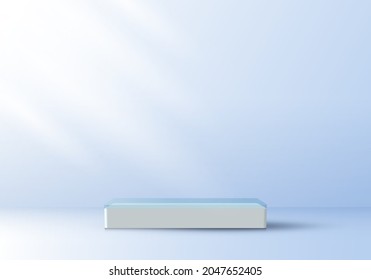 3D realistic elegant display white pedestal podium on top transparency on soft blue color studio room background with light. You can use for show cosmetic products, stage showcase. Vector illustration