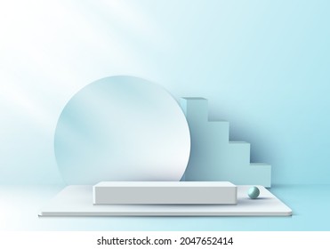 3D realistic elegant display white pedestal podium with circle backdrop on soft blue color studio room background with light. You can use for show cosmetic products, stage showcase. Vector