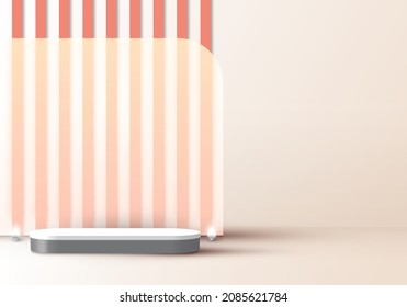 3D realistic elegant display white and gray pedestal podium with battens glass backdrop on beige color studio room background with led neon light bulb.