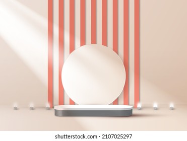 3D realistic elegant display white and gray pedestal podium with battens backdrop and led neon light bulb, light shines from the window studio room background. You can use for show cosmetic products