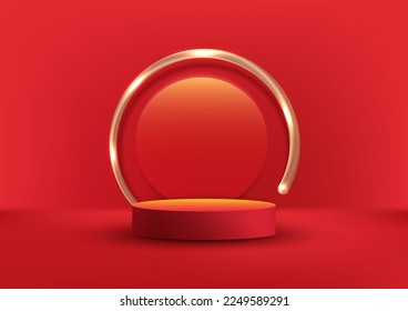 3D realistic elegant red cylinder podium or pedestal stand with golden line circle backdrop on red background modern luxury minimal style. Product display for cosmetic, showroom, showcase, present