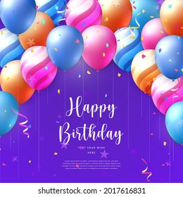 3D realistic elegant vivid vibrant balloon and party popper ribbon Happy Birthday celebration card banner template 