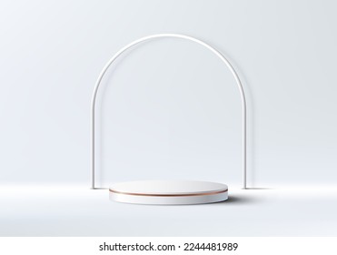 Soporte de podio 3D realista de cilindro blanco y dorado con fondo redondeado sobre fondo de escena limpio estilo mínimo. Exposición de productos para cosméticos, sala de exposición, escaparate, presentación, etc