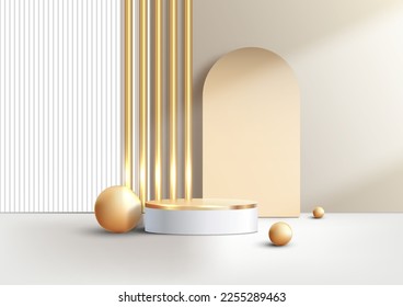 3D realistic elegant white and gold cylinder podium stand decoration golden ball white and gold battens backdrop on clean background luxury minimal style. Product display for cosmetic, showroom, show