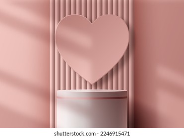 3D realistic elegant white podium stand pedestal with window lighting on pink heart shape curtain background. You can use for valentine day products display presentation, mockup, showcase, promotion