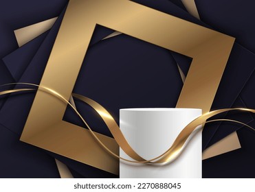 Soporte de podio 3D realista y elegante en blanco con cuadrado dorado de papel cortado con línea de onda de cinta dorada sobre el estilo de lujo de fondo azul. Se puede usar en habitación de estudio, publicidad de burla, sala de exposición, espectáculo
