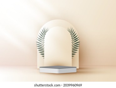 3D realistic elegant white square layers rounded backdrop with tropical palm leaves on beige background. You can use for show cosmetic products, stage natural showcase on pedestal studio room. Vector