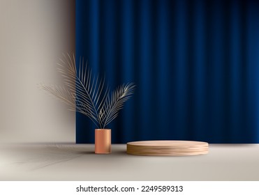 3D realistic elegant wooden podium pedestal with blue curtain backdrop docoration golden vase gold palm leaves on beige background luxury style. You can use for cosmetic, product display mockup, spa