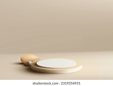 3D realistic empty beige color podium pedestal stand decoration with rock object on light brown background. Use for product display, cosmetic display mockup, showcase, media banner, etc. Vector