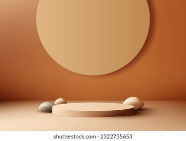 3D realistic empty beige podium platform stand brown circle backdrop decoration with rock on brown background. Use for beauty cosmetic presentation, showcase mockup, showroom, product stand. Vector