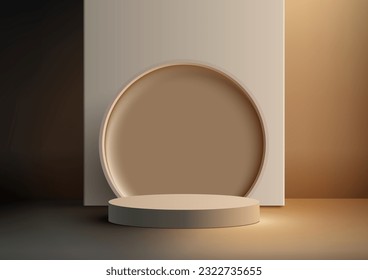 Soporte de podio 3D vacío y realista de podio beige con fondo circular sobre fondo marrón e iluminación de estilo moderno. Presentación de belleza cosmética, maquillaje de escaparate, sala de exposición, promoción de stand de productos. Vector