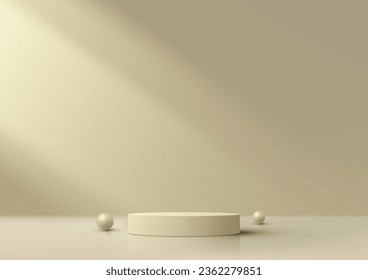 3D realistic empty beige podium stand on beige color background decoration with sphere balls. Vector illustration