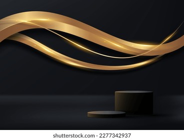 3D real estampado de podio de cilindro negro vacío con formas abstractas y elegantes líneas de onda dorada 3D sobre el fondo oscuro estilo lujoso con efecto de iluminación. Podrá utilizar la elegante sala de estudio