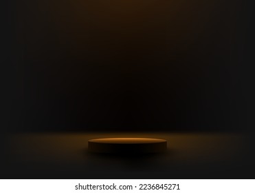 3D realistischer leerer schwarzer Podium Zylinder Fußboden mit Lichtwand Wandbild auf dunklem Studiohintergrund. Sie können für Produkte verwenden, die Werbung anzeigen. Vektorgrafik