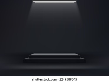 3D realistic empty black podium pedestal box stand on minimal wall scene dark background with ceiling light. Product display for cosmetic, showroom, showcase, presentation, etc. Vector illustration