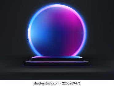 3D realistic empty black podium pedestal box stand with circles blue and pink glowing neon light on minimal wall scene dark background. Product display for cosmetic, showroom, showcase, presentation