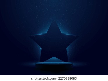 3D realistic empty black podium cylinder pedestal stand with blue star award with glowing light on dark stage background. You can use for products display advertising. Vector illustration