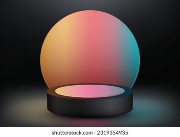 Soporte de podio negro 3D realista y vacío con fondo de círculo colorido sobre fondo negro estilo moderno. Uso para presentación de productos, presentación cosmética, escaparate, banner multimedia, etc. Vector