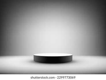 3D realistic empty black and white podium stand on studio room gray background with lighting. You can use for product display presentation mockup, beauty cosmetic, showcase, etc. Vector illustration