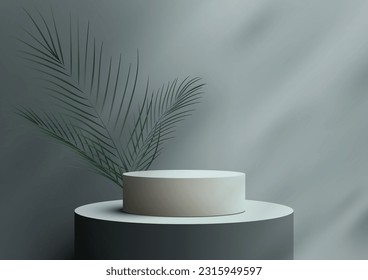 3D realistische leere schwarz-weiße Podiumsplattform Standdekoration mit grünem Palmenblatt auf grauem Hintergrund natürliche Beleuchtung. Display für Spa und Beauty, Präsentation von Kosmetikprodukten. Vektorgrafik