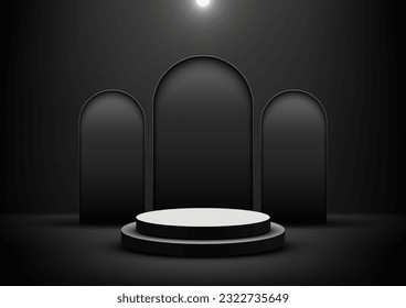 Soporte de podio 3D real vacío en blanco y negro con puerta sobre fondo oscuro con iluminación. Pantalla de producto para cosmética, sala de exposición, escaparate, presentación, etc. Ilustración vectorial