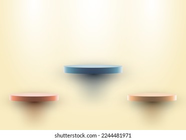 Cilindro 3D realista de color azul y beige 3 estantes con foco en el fondo mínimo de la escena de la pared. Pantalla de producto para cosmética, sala de exposición, escaparate, presentación, etc. Ilustración vectorial