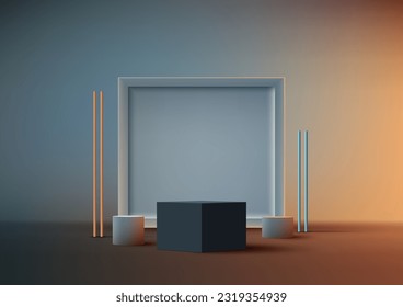 3D realistic empty blue box podium stand with geometric square backdrop on blue background. Use for presentation, cosmetic product display beauty mockup, showcase, etc. Vector illustration