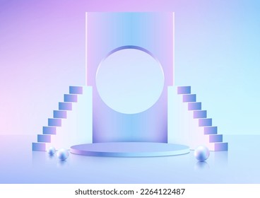 3D realistic empty blue and pink podium pedestal stand with circle backdrop decoration ladder stand object, balls elements on minimal wall scene background. You can use for product business success