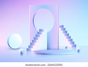 3D realistic empty blue and pink podium pedestal stand with circle backdrop decoration ladder stand object, balls elements on minimal wall scene background. You can use for product business success