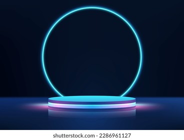 3D realistic empty blue and pink neon colors podium with circles glowing blue neon light backdrop on black background technology style. Product display for banner mockup, showroom, showcase, present