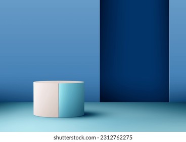 3D realistic empty blue and pink podium stand on blue background and natural lighting modern style. Use for product display presentation, cosmetic display mockup, showcase, media banner, etc. Vector