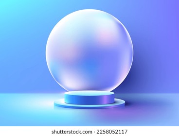 3D realistic empty blue podium pedesta stand with circle holographic backdrop on blue background. You can use for product presentation, cosmetic display beauty mockup, showcase, etc. Vector