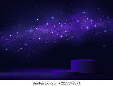 3D realistic empty blue podium stand with abstract blue night space cosmos background with nebula and shining star. Magic galaxy universe starry night. You can use for product presentation, cosmetic