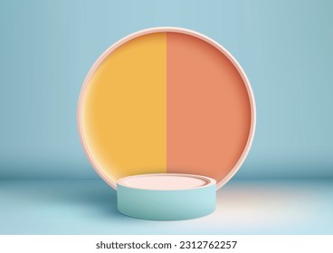 Soporte de podio azul 3D realista y vacío con fondo de círculo amarillo y rosa sobre fondo azul estilo moderno.Uso para presentación de productos, maquillaje cosmético, escaparate, pancarta de medios, etc. Vector