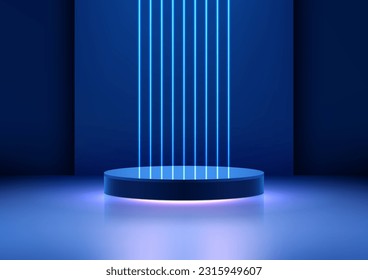 3D realistic empty blue podium stand with blue neon laser lines backdrop on dark blue background modern technology style. Use for tech presentation, showcase mockup, showroom, game product. Vector