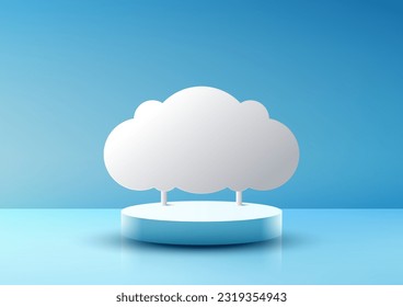 3D realistic empty blue podium with white cloud paper backdrop on blue sky background. Use for product display presentation mockup, beauty cosmetic, showcase, etc. Vector illustration