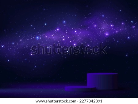3D realistic empty blue podium stand with abstract blue night space cosmos background with nebula and shining star. Magic galaxy universe starry night. You can use for product presentation, cosmetic