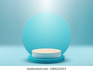3D realistic empty blue and white podium steps stand with blue circle backdrop minimal wall scene on blue background. Use for product display presentation, cosmetic mockup, showcase, media. Vector
