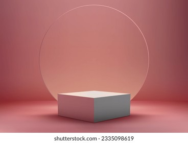 3D realistic empty cube podium stand on pink background is a modern and stylish mockup for product display. The transparent acrylic glass backdrop. Vector illustration