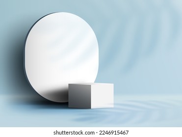 3D realistic empty cube white podium pedestal on blue background with oval backdrop, lighting and shadow leaves. You can use for product presentation, cosmetic display mockup, showcase, etc. Vector